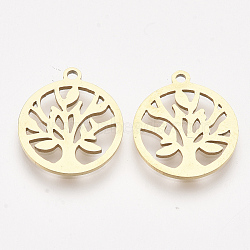 201 Stainless Steel Pendants, Laser Cut Pendants, Flat Round with Tree of Life, Golden, 17x15x1mm, Hole: 1.4mm(STAS-T044-87G)