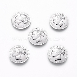 Non-Tarnish 304 Stainless Steel Charms, Flat Round with Human, Stainless Steel Color, 14x1mm, Hole: 0.7mm(STAS-G214-49P)