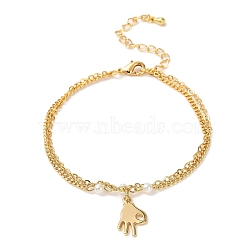 Brass Charms Double Layer Bracelets for Women, with ABS Imitation Pearl Beads, OK Gesture, Real 18K Gold Plated, 7 inch(17.8cm)(BJEW-P342-03G)