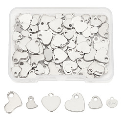 Elite 120Pcs 6 Styles 201 Stainless Steel Charms, Stamping Blank Tag, Heart, Stainless Steel Color, 5.64~10x5.68~11.5x0.61~1.5mm, Hole: 1~2mm, 20pcs/style(STAS-PH0005-61)