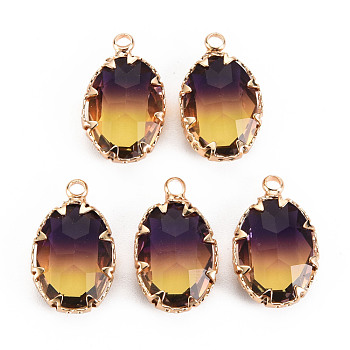 Gradient Color Glass Pendants, with Brass Prong Settings, Faceted, Oval, Light Gold, Goldenrod, 19x11x5.5mm, Hole: 1.6mm