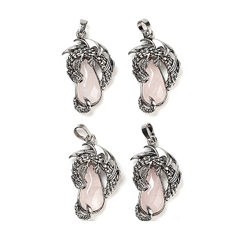 Natural Rose Quartz Brass Pendants, Flying Dragon Charms with Faceted Teardrop Gems, Antique Silver, 38x22x6mm