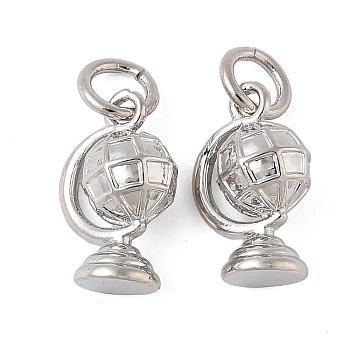 Brass Pendants, Globe Charms, with Jump Ring, Long-Lasting Plated, Lead Free & Cadmium Free, Platinum, 12x7.5x5.5mm, Hole: 3.5mm