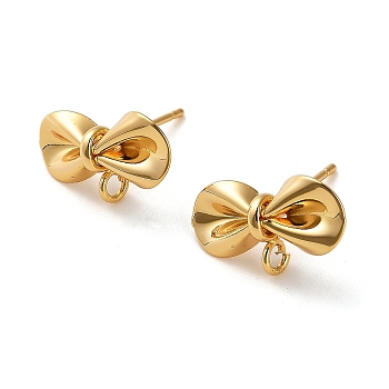 Brass Stud Earring Findings, Bowknot, Real 18K Gold Plated, 9x17mm, Hole: 2mm, Pin: 12x0.8mm