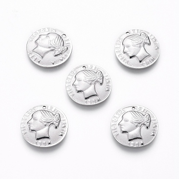 304 Stainless Steel Charms, Flat Round with Human, Stainless Steel Color, 14x1mm, Hole: 0.7mm