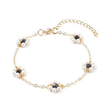 Shell Pearl & Acrylic Beads Flower Link Bracelets, with Brass Cable Chains, Golden, Black, 2mm, 7-1/4 inch(18.4cm)