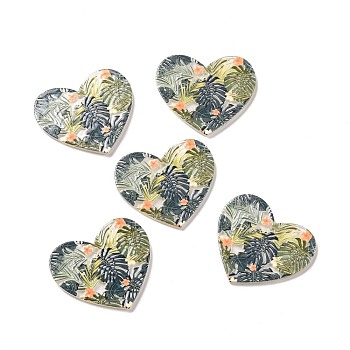 Printed Transparent Acrylic Pendants, Heart with Leaf Pattern, Dark Slate Gray, 34x39x2mm, Hole: 2mm