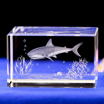 3D Laser Engraving Animal Glass Figurine, for Home Office Desktop Ornaments, Cuboid, Shark, 59.5x59.5x39.5mm