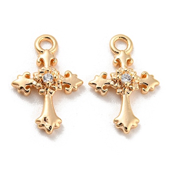 Brass Micro Pave Cubic Zirconia Charm, Cross, Real 18K Gold Plated, 13x8.5x2.5mm, Hole: 1.4mm
