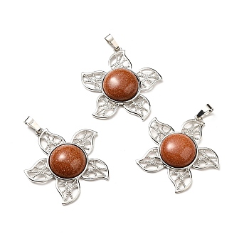 Synthetic Goldstone Pendants, Flower Charms, with Rack Plating Platinum Tone Brass Findings, Cadmium Free & Lead Free, 38x37x7~7.5mm, Hole: 8x5mm