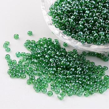Round Glass Seed Beads, Trans. Colours Lustered, Dark Green, Size: about 3mm in diameter, hole: 1mm, about 1097pcs/50g