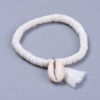 Cotton Thread Tassels Charm Bracelets, with Shell Beads and Cowrie Shell Beads, with Burlap Paking Pouches Drawstring Bags, White, 2 inch(5~5.1cm)