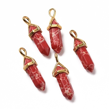 Synthetic Red Imperial Jasper Pendants, Faceted, with Golden Tone Brass Findings, Lead free & Cadmium Free, Bullet, 27~30x9~10x7~8mm, Hole: 4x3mm