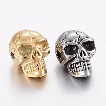 304 Stainless Steel Beads, Skull, Mixed Color, 15x9.5x8.5mm, Hole: 2mm