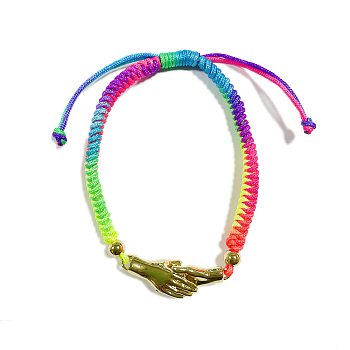 Handshake Brass Link Bracelet for Teen Girl Women, Braided Cord Bracelet, Colorful, Inner Diameter: 2-1/8~3-3/8 inch(5.3~8.5cm)
