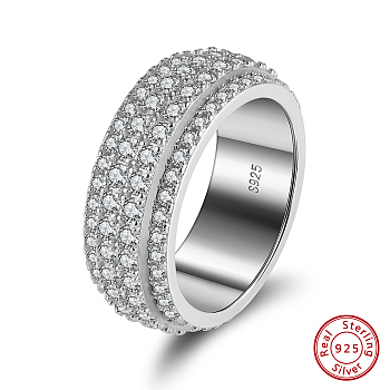 925 Sterling Silver Wide Band Finger Rings, with Cubic Zirconia, Real Platinum Plated, Inner Diameter: 17.8mm