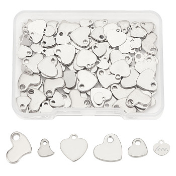 Elite 120Pcs 6 Styles 201 Stainless Steel Charms, Stamping Blank Tag, Heart, Stainless Steel Color, 5.64~10x5.68~11.5x0.61~1.5mm, Hole: 1~2mm, 20pcs/style