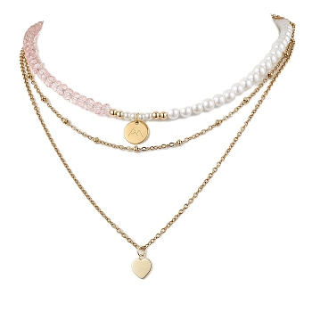 Shell Pearl Necklaces, with Glass Beads and 304 Stainless Steel Cable Chain Necklaces, 3 Layer Necklaces, Golden, 16.89 inch(42.9cm)