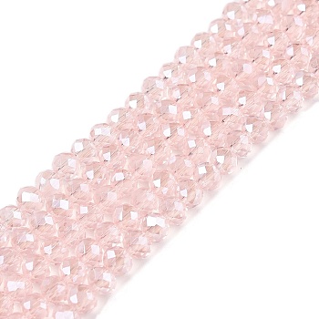 Electroplate Glass Beads Strands, Pearl Luster Plated, Faceted, Rondelle, Pink, 3.5~3.8x3mm, Hole: 0.4mm, about 113~115pcs/strand, 32.5~33cm