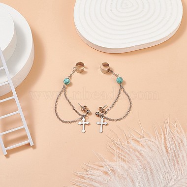 Synthetic Green Turquoise Beaded Hanging Chain Dangle Stud Earrings with Ear Cuff(EJEW-TA00149)-3