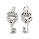 Brass Micro Pave Clear Cubic Zirconia Pendants, Cadmium Free & Nickel Free & Lead Free, with Jump Ring, Heart Key Charms, Platinum, 17.5x8x2.5mm, Hole: 3.5mm(KK-E068-VB179)