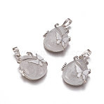 Natural Quartz Crystal Pendants, Rock Crystal Pendants, with Enamel and Brass Findings, teardrop, with Butterfly, Platinum, 30x23.5x12mm, Hole: 10x6mm(X-G-K296-B07)