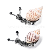 Snail Natural Conch Shell Fossil Brooch Pin, Alloy Pin for Backpack Clothing, Antique Silver, 49.5~56x30~38x20~30mm(JEWB-A020-01AS-03)