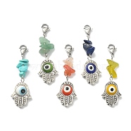 Hamsa Hand with Evil Eye Lampwork & Alloy Pendant Decoration, with Gemstone Chips and 304 Stainless Steel Lobster Claw Clasps, 56mm, 5pcs/set(HJEW-TA00058)