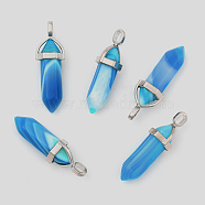 Natural Banded Agate Double Terminated Pointed Pendants, with Random Alloy Pendant Hexagon Bead Cap Bails, Bullet, Platinum, 37~40x12mm, Hole: 3mm(G-F295-05J)