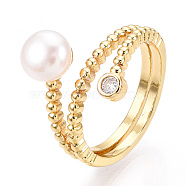 Natural Pearl Double Lines Finger Ring with Rhinestone, Brass Finger Rings for Women, Real 18K Gold Plated, US Size 7(17.3mm)(PEAR-N020-06J)