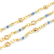Brass Handmade Beaded Chains, with Glass & Cat Eye Beads, with Spool, Unwelded, Real 18K Gold Plated, 10~19x3~4.5x2mm, about 32.81 Feet(10m)/Roll(CHC-P011-E01-G)