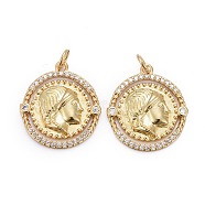 Brass Micro Pave Clear Cubic Zirconia Pendants, Long-Lasting Plated, with Jump Rings, Flat Round, Real 18K Gold Plated, 20.5x18x3mm(ZIRC-Z011-12G)