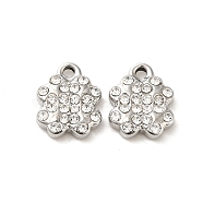 304 Stainless Steel Charms, with Rhinestone, Clover, Stainless Steel Color, 12x10x2.7mm, Hole: 1.6mm(STAS-L025-007P)