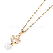 201 Stainless Steel Cable Chain Necklaces, Brass Micro Pave Cubic Zirconia and ABS Pearl Pendant Necklaces, Heart, Real 18K Gold Plated, 15.94 inch(40.5cm)(NJEW-P309-14G)