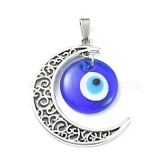 Alloy Moon Pendants, with Lampwork Evil Eye, Antique Silver & Stainless Steel Color, 41x35x4.5mm, Hole: 7.5x4mm(X1-PALLOY-JF02110)