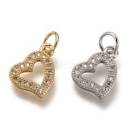 Brass Micro Pave Clear Cubic Zirconia Charms, Cadmium Free & Lead Free, Long-Lasting Plated, Heart, Mixed Color, 9x12x2mm, Hole: 3mm(ZIRC-B002-60)