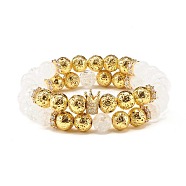 Natural Crackle Quartz & Lava Rock Round Beads Stretch Bracelets Set, Crown Brass Cubic Zirconia Beads Bracelets for Women, Golden, Inner Diameter: 2-1/8 inch(5.5cm), 2pcs/set(BJEW-JB07206)