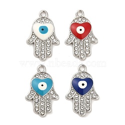 Platinum Plated Alloy Enamel Pendants, with Rhinestone, Long-Lasting Plated, Hamsa Hand with Heart & Evil Eye Charm, Mixed Color, 22.5x14.5x3mm, Hole: 2mm(ENAM-K069-35P)