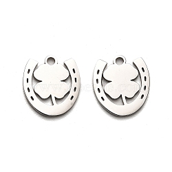 Non-Tarnish 316 Surgical Stainless Steel Charms, Laser Cut, Horseshoe with Clover Charm, Stainless Steel Color, 13.5x12.5x1mm, Hole: 1.6mm(STAS-H190-14P-03)