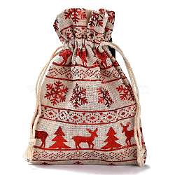 Cotton Gift Packing Pouches Drawstring Bags, for Christmas Valentine Birthday Wedding Party Candy Wrapping, Red, Christmas Themed Pattern, 14.3x10cm(ABAG-B001-01B-07)