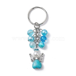 Synthetic Turquoise Keychains, with Acrylic Beads and Iron Split Key Rings, Angel, Platinum, 8cm(KEYC-JKC00740)
