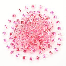 Transparent Clear Acrylic Beads, Horizontal Hole, Flat Round with Random Letter, Deep Pink, 7x4mm, Hole: 1.6mm, 200pcs/set(MACR-YW0001-23C)