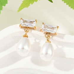 Teardrop with Rectangle 304 Stainless Steel Clear Cubic Zirconia Dangle Stud Earrings, with Plastic Imitation Pearl, Golden, 20.5x9.5mm(EJEW-F366-01G-01)