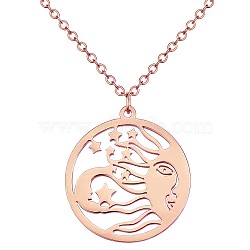 Titanium Steel Celestial Sun Moon and Star Pendant Necklace, Lucky Motif Amulet Necklace, Flat Round Hollow Necklace Jewelry Gift for Women, Rose Gold, 17.72 inch(45cm)(JN1058B)