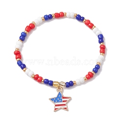 Glass Seed Beaded Stretch Bracelet, Independence Day Bracelet with Alloy Enamel Star Charms, Colorful, Inner Diameter: 2 inch(5.2cm)(BJEW-MZ00054-01)