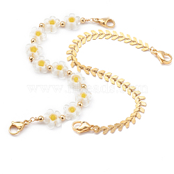 Phone Case Chain, Glass Flower Beaded Chains & 304 Stainless Steel Cobs Chains, Mobile Strap, for DIY Phone Case Decoration, Golden, 19x1.2x0.4cm and 19.2x0.6x0.15cm, 2pcs/set(HJEW-JM00412)