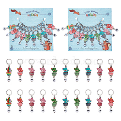 Alloy Enamel Cactus Pendant Locking Stitch Markers, 304 Stainless Steel Clasp Stitch Marker, Mixed Color, 4.9cm, 10pcs/set(HJEW-AB00098)