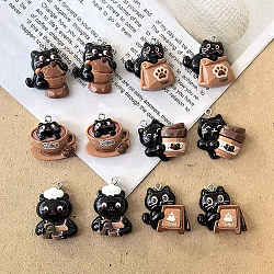 Coffee Theme Opaque Resin Pendants, Cat Charm, with Platinum Iron Loops, Black, 23~30x22~26x8~10mm, Hole: 2mm(RESI-P052-04P-M)