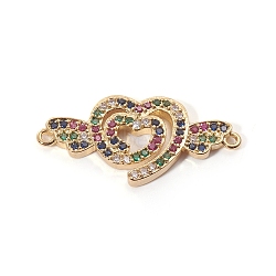 Brass Micro Pave Cubic Zirconia Links connectors, Heart with Wing, Colorful, Golden, 12x25.5x2mm, Hole: 1mm(ZIRC-L090-039G)