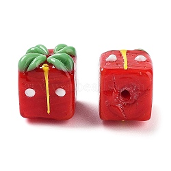Christmas Gift Box Handmade Lampwork Beads, Red, 14x12x14mm, Hole: 1.8mm(LAMP-XCP0001-17)